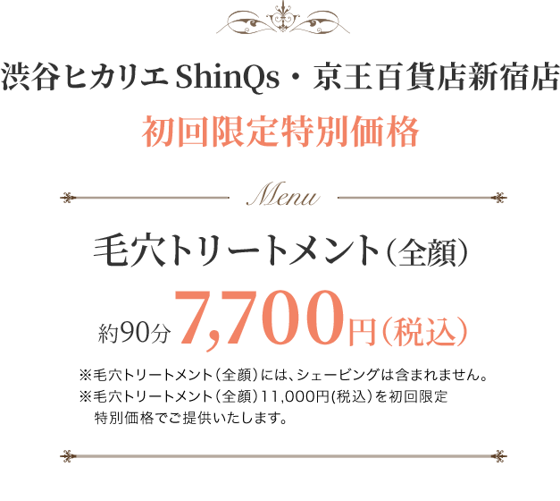 渋谷ヒカリエ ShinQs ・ 京王百貨店新宿店 初回限定特別価格 毛穴トリートメント（全顔） 90分 7,700円（税込）※毛穴トリートメント（全顔）11,000円（税込）を初回限定特別価格でご提供いたします。