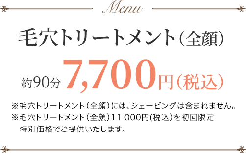 毛穴トリートメント（全顔）約90分7,700円（税込）※毛穴トリートメント（全顔）11,000円（税込）を初回限定特別価格でご提供いたします。